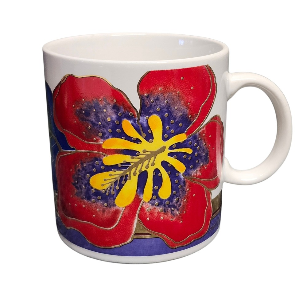Laurel Burch Wild Hibiscus Coffee Mug Floral Gold Accents Made in Japan Vintage